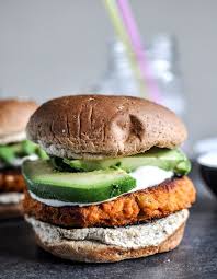 Smoky Sweet Potato Burgers With Roasted Garlic Cream And Avocado How Sweet It Is Sweet Potato Burgers Recipes Food