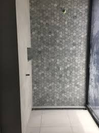 Girls Ensuite Work In Progress With Mosaic And Porcelain Tiles And Misty Grey Grout White Porcelain Tile Porcelain Tile White Porcelain