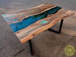 Live Edge River Dining Table With Turquoise Glowing Resin Dining Table Top Dining Table Wood Resin Table