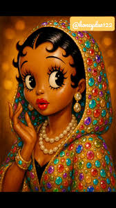 A 3D oil painting depicting a brown-skinned Betty Boop with large eyes,  flawless makeup, wearing a black dress beneath a bedazzled gold jacket,  complemented by a pearl and gold jewelry set and a ...
