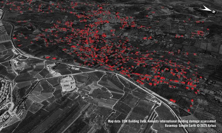 Satellite imagery showing extensive structural damage and scorched land in southern Lebanon following recent Israeli military operations.