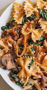 Creamy Bow Tie Pasta With Spinach Mushrooms Caramelized Onions Farfalle Recipes Healthy Recipes Pasta Recipes