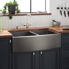 Stainless steel kitchen sink with black faucet. Signature Hardware 441083 Gunmetal Black Atlas 33 Farmhouse Double Basin Stainless Steel Kitchen Sink Faucet Com