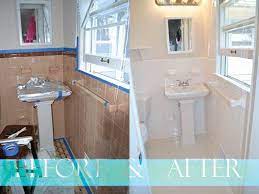 The wet conditions of the bathroom mean that paint and wallpaper can peel and harbour mould, whereas the waterproof properties mean a tiled bathroom can reduce the risk of mould by facilitating drainage. Painted Tile Before And After Yellow Bathrooms Bathroom Makeover Bathrooms Remodel