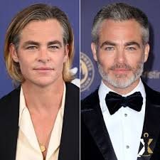 A picture comparing two different appearances of actor Chris Pine, showing  changes in his hairstyle and facial hair: Left side: Seen with long, blond  hair and no beard, this look was mainly