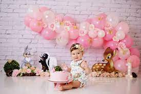 The first birthday cake smash picture with the brick background was shot in the summer, and is a mix of natural and canned light. Bambi Cake Smash 1st Birthday Girl Decorations 1st Birthday Party For Girls Girly Birthday Party