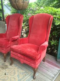 Pair Of Vintage Red Velvet High Back Queen Anne Arm Chairs Chair Armchair Upholstered Furniture