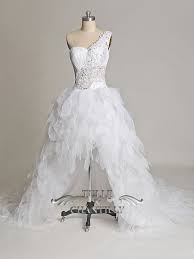 Fabulous One Shoulder High Low Wedding Dress With Feather Shaped Skirt Tbqw120 Wedding Dresses High Low Wedding Dress With Feathers Wedding Gowns Lace