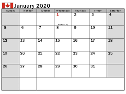 January 2020 Calendar Canada School Holidays Holiday Calendar Printable Holiday Calendar Calendar Template
