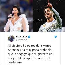Check spelling or type a new query. Dua Lipa Fam Auf Twitter Dua Lipa Aclaro Que Nunca Llego A Conocer Personalmente A Marco Asensio El Diario Turco Y Espanol Inventaron Que Ella Paso La Noche Con El Cuando Luego