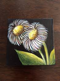 Black And White Flower Painting Ideas Hand Painted Mini Canvas Magnet Of Abstract White Flowers On Black Background Size 3x3 On Etsy Black Canvas Paintings Abstract Tree Painting Daisy Painting