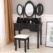 Mirrored vanity desk as narrow space saver, title: Zimtown Tri Folding Set Makeup Table Mirror Vanity Dresser Dressing Desk 7 Drawers Bedroom Wood Black Walmart Com Walmart Com