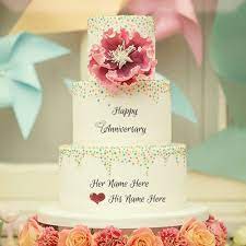 Happy anniversary flowers and cake. Write Name On Happy Anniversary Cake With Flowers Happy Anniversary Cakes Anniversary Cake Birthday Cake Pictures