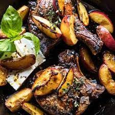 Skillet Balsamic Peach Pork Chops With Feta And Basil Half Baked Harvest Recipe Peach Pork Chops Half Baked Harvest Recipes Half Baked Harvest