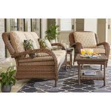 Hampton Bay Beacon Park Brown Wicker Outdoor Patio Sofa With Standard Toffee Trellis Tan Cushions Frs80812ct The Home Depot In 2020 Used Outdoor Furniture Patio Furnishings Sunroom Furniture