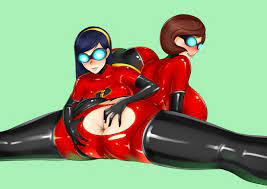 2girls anus armwear ass blue-tinted eyewear brown hair butt  clothing disney elastigirl eyewear female female only footwear goggles  handwear helen parr human incest latex legwear long hair mask medium