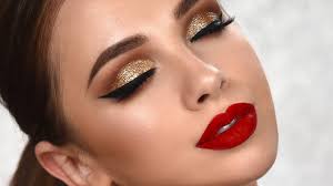 Prom eyeshadow makeup for red dress. Special Occasion Glam Makeup Tutorial Gold Glitter Smokey Eye Golden Eye Makeup Dramatic Eye Makeup Glitter Smokey Eye