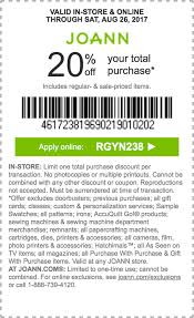 20 Off Your Total Purchase Apply Online Rgyn238 Store Coupons Joann Coupons