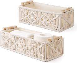 Boho wall decor baskets for storage. Amazon Com Mkono Macrame Storage Baskets Decor Box Handmade Woven Decorative Countertop Toilet Tank Shelf Cabinet Organizer Boho Decor For Bedroom Nursery Livingroom Set Of 2 Ivory Home Kitchen
