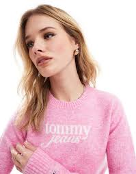 Tommy Jeans retro script jumper in bright pink