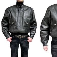 Gianni Versace Vintage Leather Men Coat Jacket 90s New Black Kleid Robe Bomber Size L New 1990s Vintage Jacket Mens Coats Leather Men