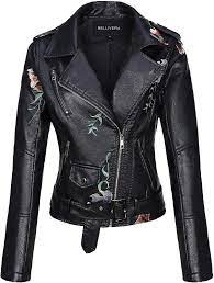 Bellivera Women S Faux Leather Casual Short Jacket Moto Floral Coat With 2 Pocket Spring Au Leather Jackets Women Faux Leather Jacket Women Womens Faux Leather