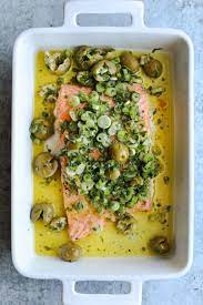 Slow Roasted Salmon With Green Olive Salsa Verde Craving California Recipe Oven Roasted Salmon Green Olive Salsa Roasted Salmon
