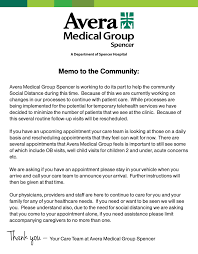 Avera medical group spencer, a department of spencer hospital, has provided healthcare for individuals and families in northwest iowa for decades. Avera Medical Group Spencer Memo To The Community