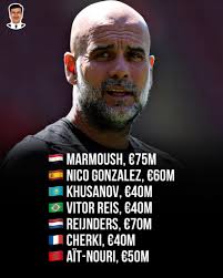 Man City in the last 6 months: 🇪🇬 Marmoush, €75M 🇪🇸 Nico Gonzalez, €60M  🇰🇿 Khusanov, €40M 🇧🇷 Vitor Reis, €40M 🇳🇱 Reijnders, €70M 🇫🇷 Cherki,  €40M 🇲🇦 Aït-Nouri, €50M