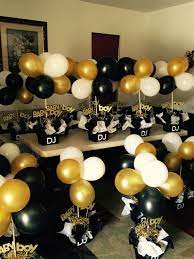Explore 50th birthday helium balloons, banners, matching tableware and more. Black And Gold Babyshower Centerpieces Birthday Decorations For Men 50th Birthday Decorations 50th Birthday Party Ideas For Men