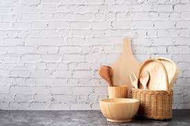 Cool backgrounds make cool people. Wooden Kitchenware On White Brick Wall Texture Background Copy Space Wooden Kitchenware White Brick Walls Brick Wall Texture