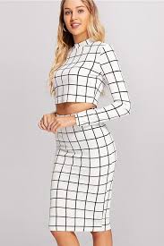 Black And White Crop Top And Skirt Set Best Smart Casual Outfits For Women Officewear Weartowork Workwear Trending Fashion Outfits Tartan Fashion Long Sleeve Crop Top
