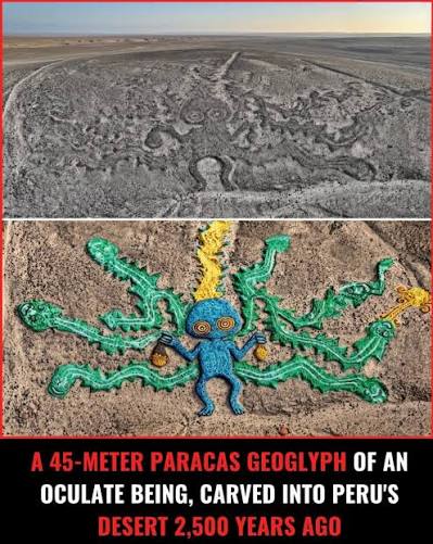This striking Paracas geoglyph depicts an oculate (wide‑eyed) being  stretching roughly 45 meters across the desert of Jumana in Peru.  Discovered in 1982, the figure dates back to around 500 BCE and