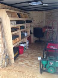 Enclosed trailer set up ideas. Love Our Diy Shelves And Small Desk In Cargo Trailer Work Trailer Trailer Shelving Catering Trailer