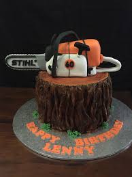 Tree Stump And Chainsaw Cake The Chainsaw Was Moulded Using Rice Krispie With Measurements Taken From My Sons Toy Unique Birthday Cakes Cake How To Make Cake