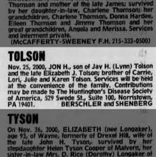 John H Tolson died 25-Nov-2000 The Philadelphia Inquirer 28-Nov-2000 p24