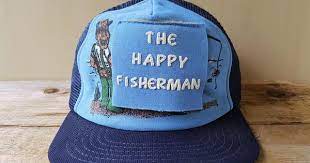The Happy Fisherman Vintage 80s Funny Joke Trucker Hat Navy Mesh Snapback Fishing Baseball Cap Flap Censored Surprise Ballcap Made In Usa Trucker Hat Mesh Trucker Hat Hats