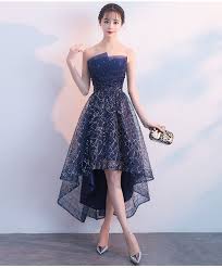 Black And Blue Prom Dress Dark Blue Tulle Sequin High Low Prom Dress Blue Evening Dress Blue Evening Dresses High Low Prom Dresses Strapless Prom Dresses