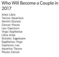 While capricorn wants to be the ceo of a major company. Who Will Become A Couple In 2017 Aries Libra Taurus Aquarious Gemini Scorpio Cancer Pisces Leo Capricorn Virgo Sagittarius Libra Aries Scorpio Capricorn Sagittarius Virgo Capricorn Leo Aquarius Taurus Pisces Cancer