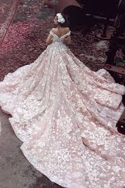 Find the most glamorous one from wedding dress with long length trains collection to best show your elegance on the big day! Floral Lace Nude Pink Wedding Gown With Cathedral Train Vq