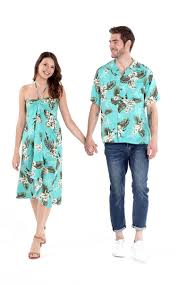 Couple Matching Hawaiian Luau Cruise Party Outfit Shirt Dress In Palm Green Turquiose Hawaiian Party Outfit Luau Party Outfit Hawaiian Outfit Women