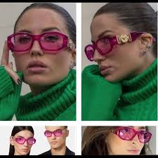 VERSACE UNISEX RECTANGULAR HOT FUSCIA SUNGLASSES WITH SIGNATURE ICON MEDUSA