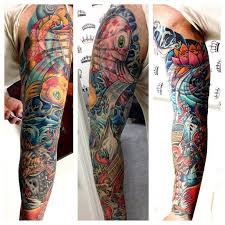 Men S Full Sleeve Tattoo In A New School Style With Water Koi Fish And Lantern Sleeve Tattoos Mens Full Sleeve Tattoo Tattoos