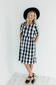 Black White Medium Plaid Dress Functional Button Up Front 1 2 Sleeves Button Cuff Gathered Babydoll Waist Hi Cute Spring Outfits Plaid Dress Sunday Outfits