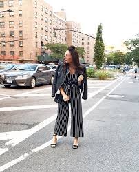Black And White Striped Jumpsuit With Jacket Striped Jumpsuit Leather Jacket Strappy Heels New York City Style Daily Outfit Inspiration Striped Jumpsuit City Style