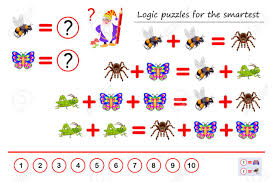 Grinvalds / getty images logic puzzles come in a few different flavors, the most common being logic grid puzzles, spatial acuity puzzles,. Mathematical Logic Puzzle Game For Smartest Solve Examples And Count Which Of Numbers Corresponds To Each Of Insect Printable Page For Brainteaser Book Developing Spatial Thinking Vector Image Royalty Free Cliparts Vectors