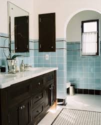 William Hefner Vintage Updated Bath Bathroom Blue Square Ceramic Tile Black Liner Double Vanity Arch Entry Marble Mosaic Basketweave Rug Blue Bathroom Tile Vintage Bathroom Tile Retro Bathrooms