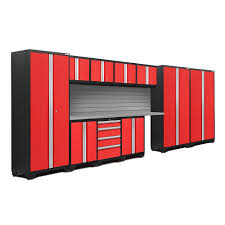 A heavy duty tool chest combined with garage cabinets give you a consistent high grade look and all the storage you need. Newage Products Inc Bold Series Red Garage Cabinet Set With Slatwall Kit 12 Piece The Home Depot Canada