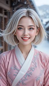 หมายเลข 18 กับใบหน้าที่สวยงามของเธอ 👰 Prompt : 👇 "Korean woman laughing,  short platinum blonde hair swaying, sparkling blue eyes crinkled, pink  hanbok sleeves raised, visible cold breath, snowflakes caught in hair,  joyful expression