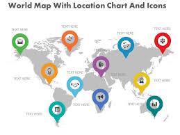 New World Map With Location Chart And Icons Flat Powerpoint